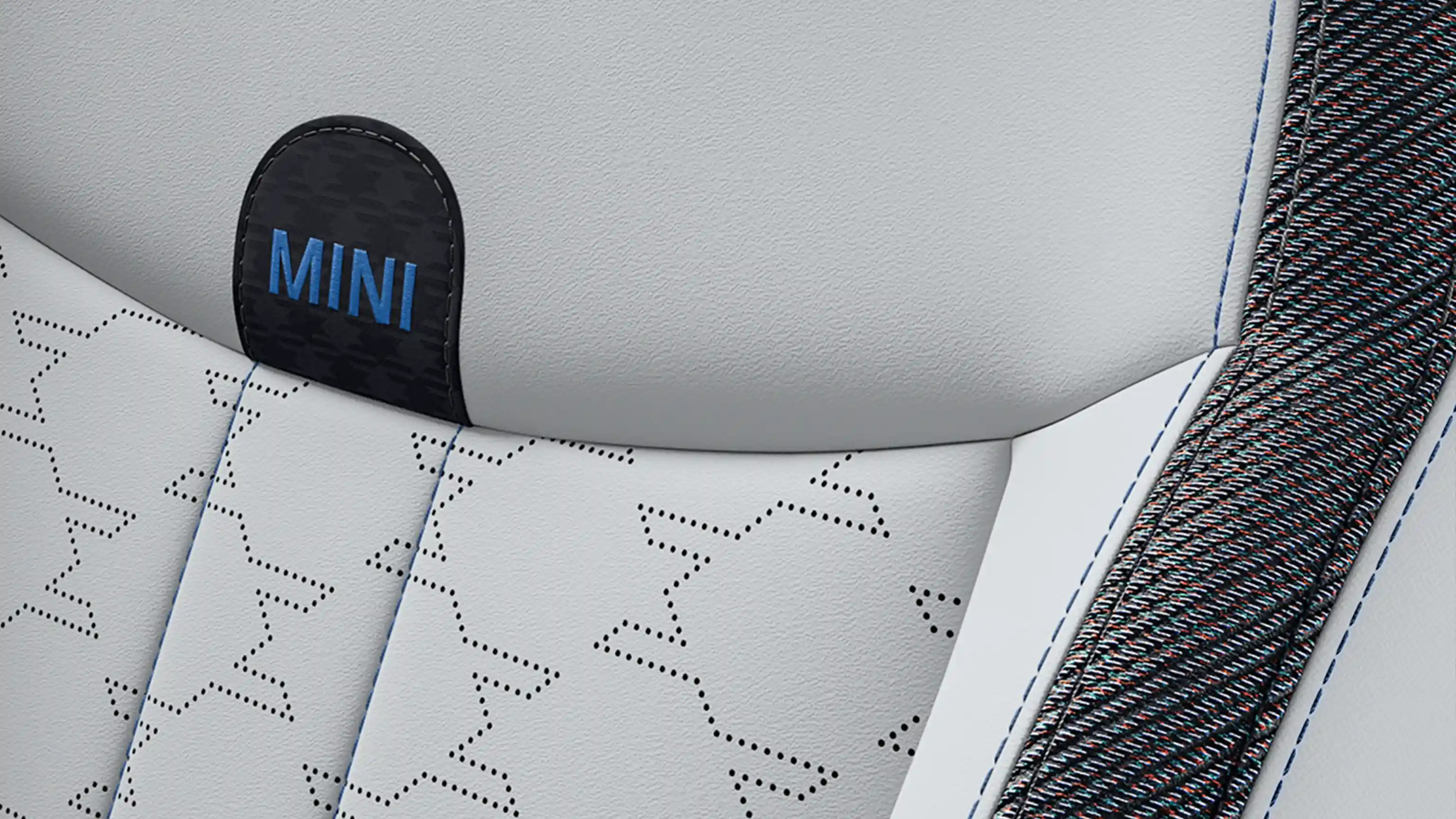 Όψη του πεντάθυρου MINI Cooper με Classic Style και καθίσματα σε Grey/Blue - Vescin/ύφασμα