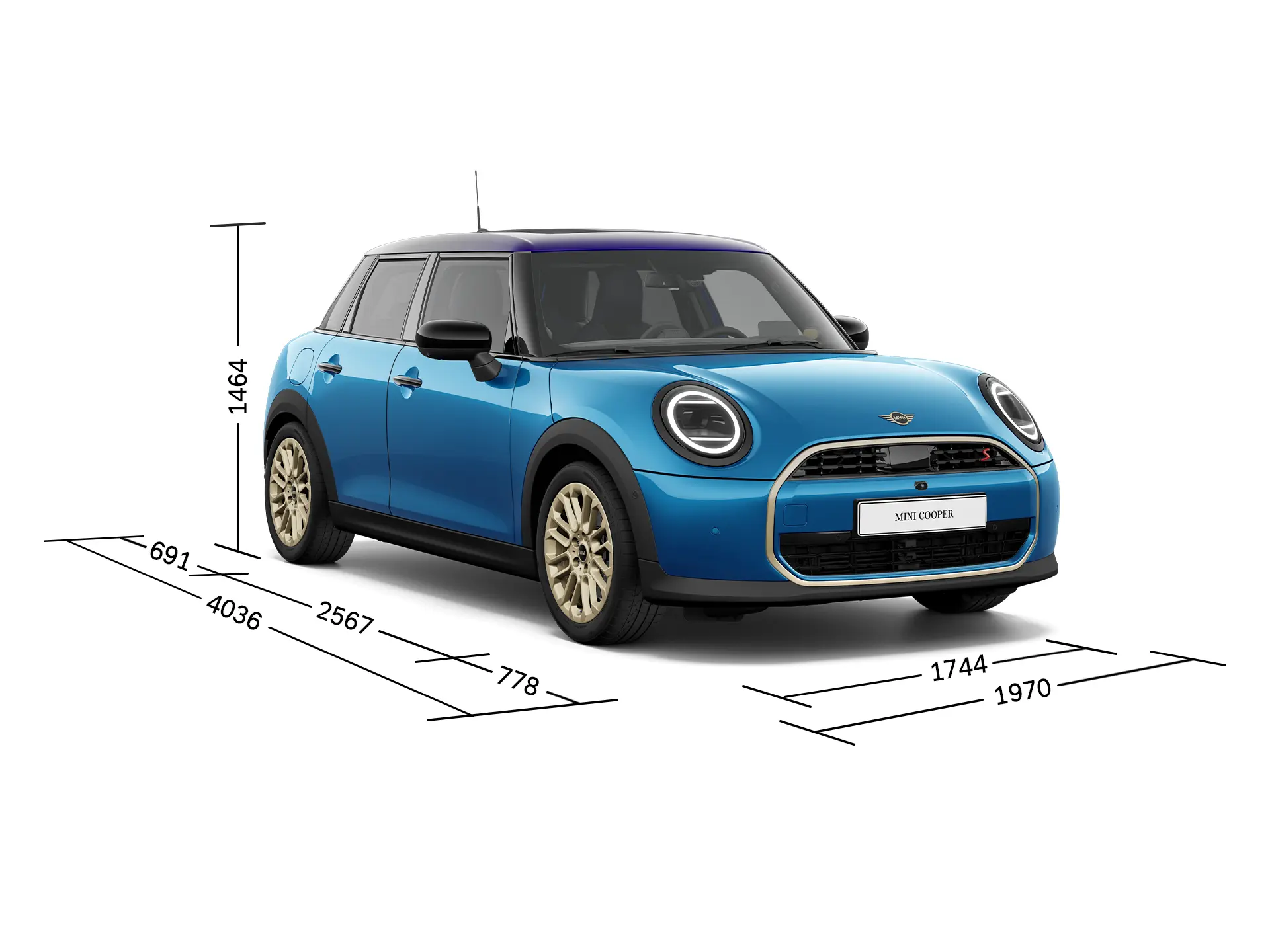 Πεντάθυρο MINI Cooper - Μπροστινή όψη με διαστάσεις