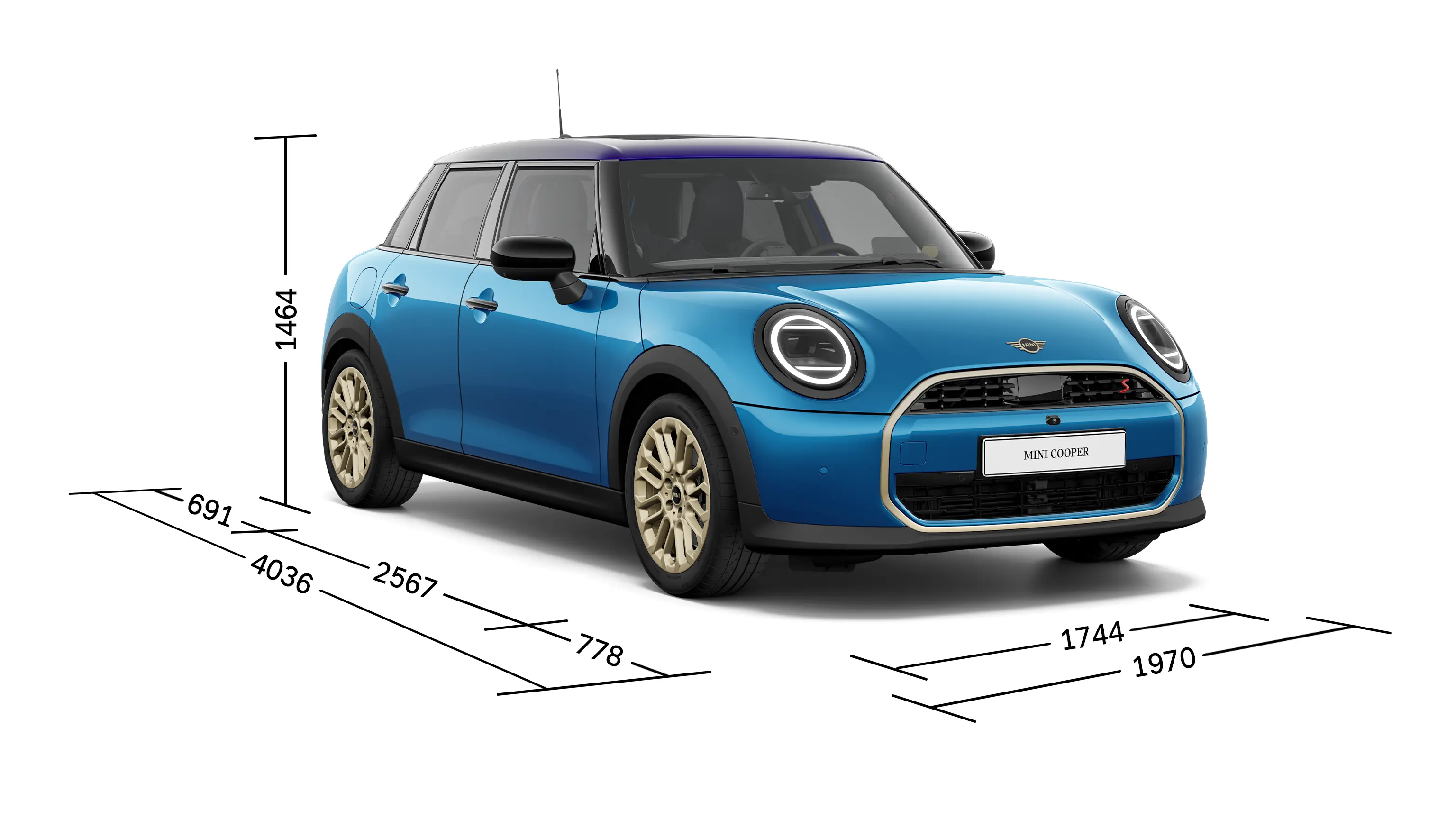 Πεντάθυρο MINI Cooper - Μπροστινή όψη με διαστάσεις